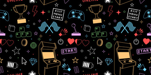 Game pattern seamless. Gamer kid. Graphic control joystick. Tee shirt repeated print. Arcade gamepad and race flags. Computer cursor and playing keypad buttons. Retro line icons. Vector background