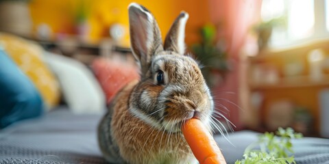 Cozy Home Bunny Enjoying Carrot in Vibrant Living Room Setting