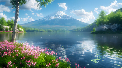 Wall Mural - The breathtaking Mount Fuji stands majestically over a serene lake, surrounded by vibrant flowers and lush trees