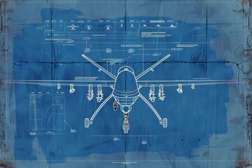 A blueprint illustration of a combat drone, its components overlaid with philosophical text on warfare
