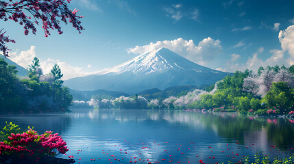 Wall Mural - The breathtaking Mount Fuji stands majestically over a serene lake, surrounded by vibrant flowers and lush trees
