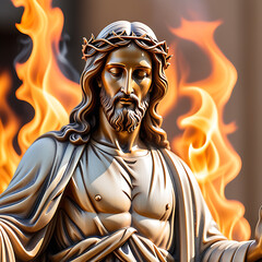 a statue of jesus with a blurred fire burning-like effect in the background.