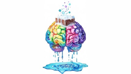 Wall Mural - hand-drawn watercolor illustration of a human brain being washed with soap, bubbles and foam around the bar of soap, brain washing theme, babybohocore style