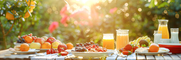 Fresh and Healthy Breakfast Outdoors Yogurt, Fruits, and Cereals on Table with Copyspace