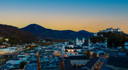 The night city view with  blue night sky  with historic city of salzburg ,Austria