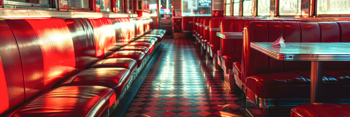 Poster - Retro Diner Ambiance with Glowing Red Booths and Copyspace