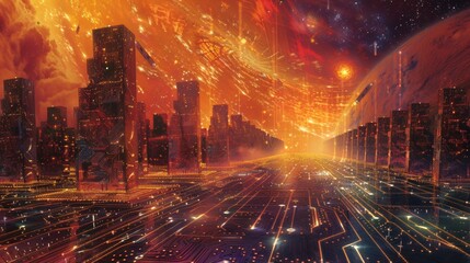 Poster - A vast, abstract circuit board landscape, pulses of energy flowing along pathways, with imposing firewall structures in the distance, vaporwave