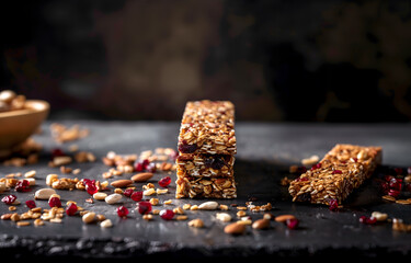 creative food concept. stack of granola muesli cereal bars with dark chocolate drizzle, filled with 