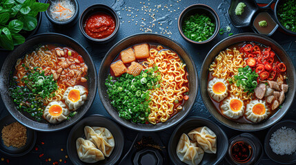 Wall Mural - Moody and Sophisticated Ramen and Gyoza Selection on Dark Blue Table with Asian Decor