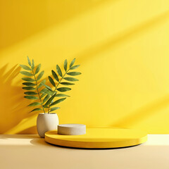 Poster - Minimalist yellow display with green plant and geometric shapes – ideal for modern product presentation