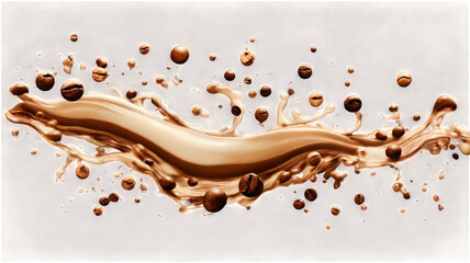 Aufkleber - Milk Brown coffee liquid swirl splash and little bubbles with falling coffee Beans isolated on transparent png background, liquid fluid element flowing in form of wave