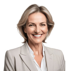 portrait of a smiling senior business woman in suit  isolated on transparent background