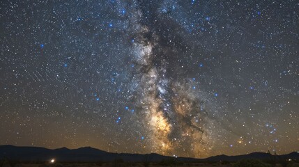 The sky is filled with stars and a large cloud of milk