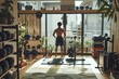 © siripimon2525 - Japanese individual setting up a workout space in their new home, fitness equipment and motivation, bright and energetic