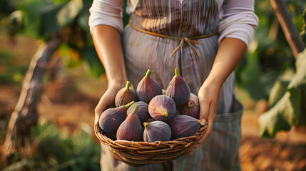 A basket brimming with succulent figs is held by a female farmer, emphasizing the delicious and wholesome nature of this organic fruit harvest.