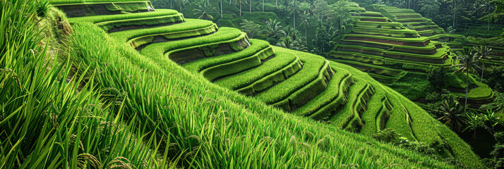 Poster - Serene Landscape of Lush Green Rice Terraces on Hillside with Copyspace for Rural and Peaceful Scene