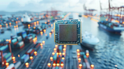 Futuristic Technology Concept with Microchip Floating Over Blurry Shipping Port Background
