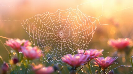 A spider web is seen in the foreground of a field of pink flowers