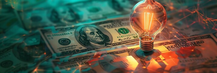 Wall Mural - Creative Concept of Idea with Double Exposure of Light bulb Drawing on USA Dollars Bill Background
