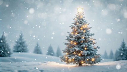 lighted isolated christmas tree in idyllic white snowy landscape, greeting card banner concept with copy space for december holiday season, christmas background