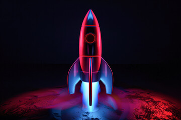 Wall Mural - Futuristic 3D Rocket Light Painting in Red and Blue Colors with Black Background.