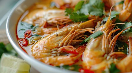 Wall Mural - Bowl of shrimp soup with herbs and lime delicious spicy seafood meal fresh ingredients