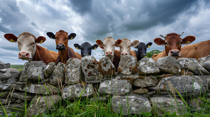 Wall Mural - cows standing behind a stone wall, vibrant and detailed, overcast sky with dramatic clouds