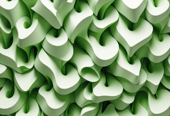 Wall Mural - artwork consisting of serpentine shapes layered over each other, alternating between different tones of green and pure white to create a three-dimensional effect.