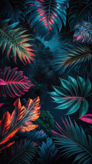 Wall Mural -  Top view of vibrant neon tropical leaves in hues of pink, blue, and orange, with a dark sky background and a prominent copy space area in the center for text or logos.