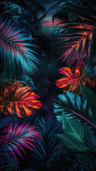 Wall Mural -  Top view of vibrant neon tropical leaves in hues of pink, blue, and orange, with a dark sky background and a prominent copy space area in the center for text or logos.