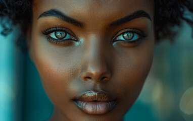 Wall Mural - Close-up portrait of a young African American woman with striking green eyes, looking directly at the camera with a serious expression. Well-lit image focuses on her face, especially her eyes