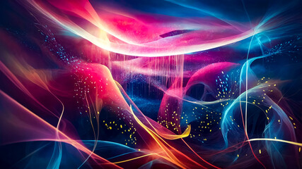 Poster - vibrant neon colors, glowing lines and shapes in shades of pink, blue, and yellow, creating a futuristic and dynamic landscape with a sense of depth and movement. abstract background