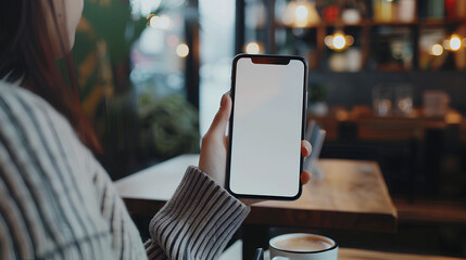 Poster - Closeup of a woman holding smartphone mobile with a white screen mock up on wooden background at coffee shop, background empty space for advertise text,people contact marketing business