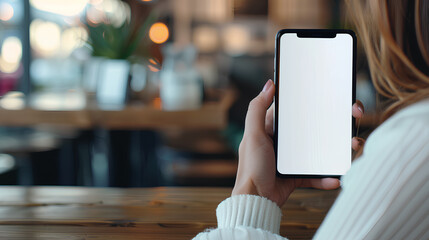 Poster - Closeup of a woman holding smartphone mobile with a white screen mock up on wooden background at coffee shop, background empty space for advertise text,people contact marketing business