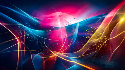 Poster - vibrant neon colors, glowing lines and shapes in shades of pink, blue, and yellow, creating a futuristic and dynamic landscape with a sense of depth and movement. abstract background