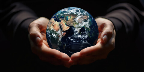 a pair of hands holding an earth sphere. representation of climate change.