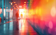 © imagineRbc - A blurry image of two figures walking through a bright, modern office corridor, captured in a low-angle perspective. The hallway is lit with colorful lights, creating a warm and vibrant atmosphere