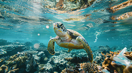 Wall Mural - Endangered Green Sea Turtle Struggling with Plastic Pollution in Vibrant Coral Reef Habitat Environmental Awareness Concept