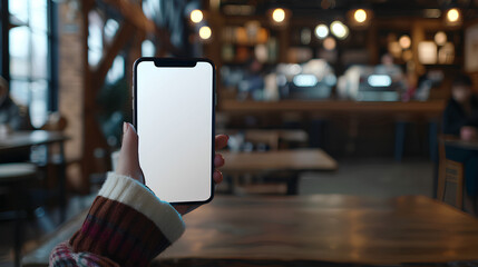 Poster - Closeup of a woman holding smartphone mobile with a white screen mock up on wooden background at coffee shop, background empty space for advertise text,people contact marketing business