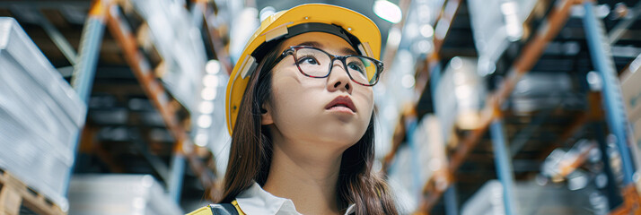 Sticker - A woman wearing a yellow helmet and glasses is looking up at a stack of boxes