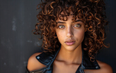 A close-up portrait of a young trans female with curly brown hair, wearing a black leather jacket