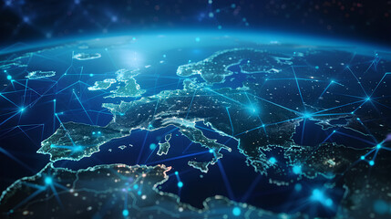Poster - European telecommunication network connected over Europe, France, Germany, UK, Italy, concept about internet and global communication technology for finance