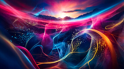 Poster - vibrant neon colors, glowing lines and shapes in shades of pink, blue, and yellow, creating a futuristic and dynamic landscape with a sense of depth and movement. abstract background