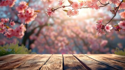 Poster - A wooden table with a pink blossom background. Generative AI.