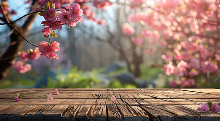 Poster - A wooden table with a pink blossom background. Generative AI.