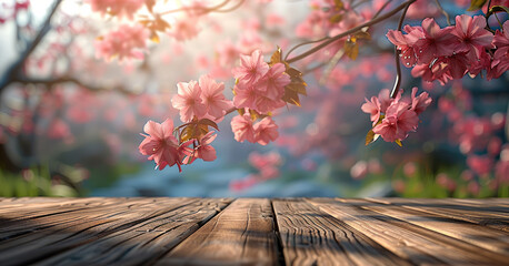 Poster - A wooden table with a pink blossom background. Generative AI.