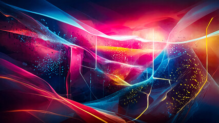 vibrant neon colors, glowing lines and shapes in shades of pink, blue, and yellow, creating a futuristic and dynamic landscape with a sense of depth and movement. abstract background