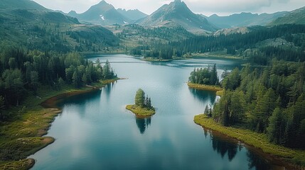 Poster - Aerial view of the beautiful of forests and lakes, and mountains in the background. A large field is seen at the center bottom, surrounded by forested hillsides. Generative AI.