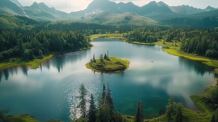 Poster - Aerial view of the beautiful of forests and lakes, and mountains in the background. A large field is seen at the center bottom, surrounded by forested hillsides. Generative AI.