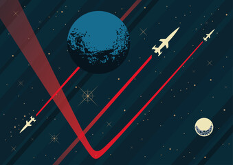 Wall Mural - Space Background, Retro Future Style Rockets. Planets, Stars, Nebula. Cosmic Posters Template, Colorful Vector Space Illustration 